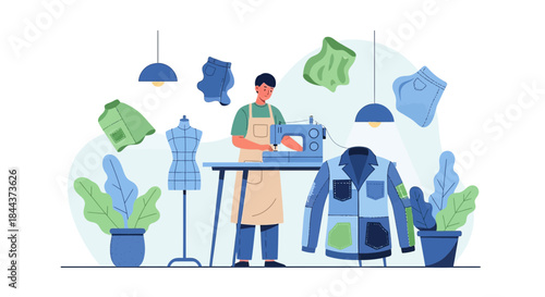 Tailor engaged in craft: Creating bespoke clothing with sewing machine for sartorial art