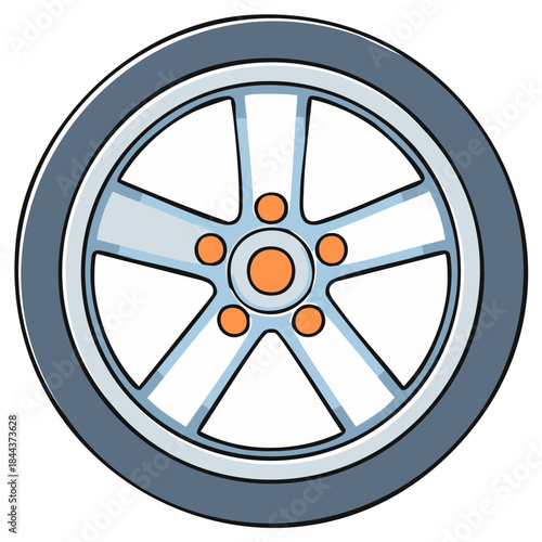 Vector illustration of a cartoon car wheel with a five spoke alloy rim and tire