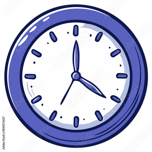 Blue round analog wall clock in a simple cartoon drawing style
