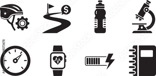 Collection of eight black and white icons representing health fitness and business concepts Keywords: icon set, health, fitness, business