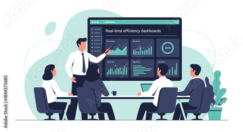 Team discussing real time efficiency dashboards in modern office setting presentation