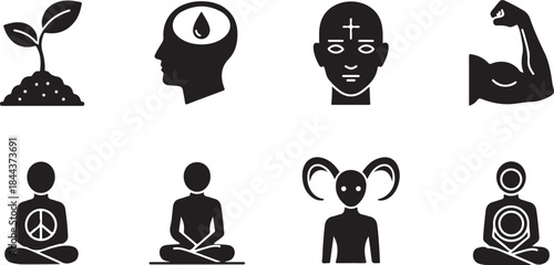 Collection of eight black and white silhouette icons representing growth meditation strength and spirituality Keywords: growth plant seedling soil
