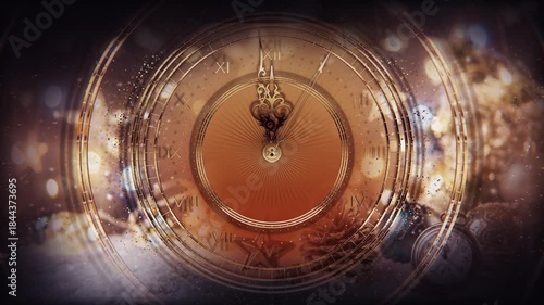 Cinematic close-up of a luxurious golden clock counting down the last seconds to midnight 3d animation