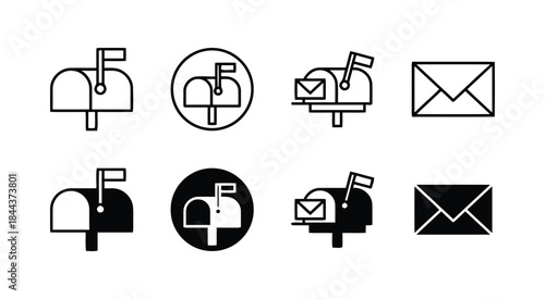 Collection of black and white mail box icons in various styles for email and communication