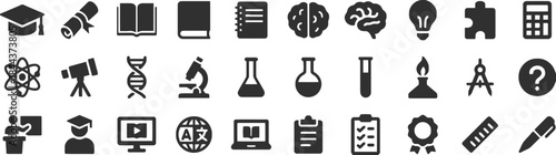 Collection of black and white science and education symbols on white background vector illustration