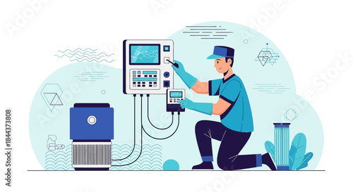 Technician configuring industrial water treatment system with digital controls ensuring optimal