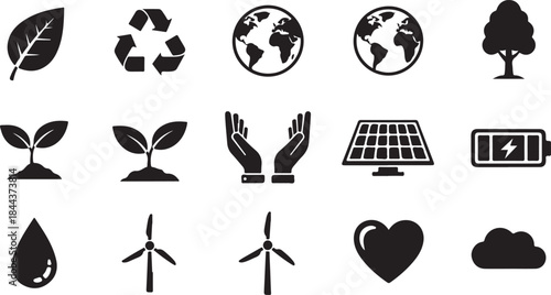 Eco Friendly And Nature Icons Set Black Silhouettes leaf recycle symbol