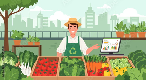Farmer Standing with Fresh Produce Display.