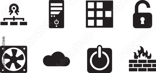 Eight black silhouette icons related to technology and security concepts network hierarchy