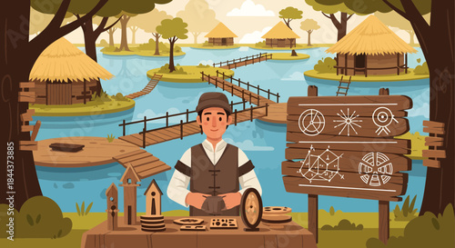 Man crafting ancient tools and mechanisms at a wooden table.