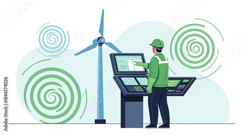 Technician overseeing wind turbine operations through digital interface for sustainable energy