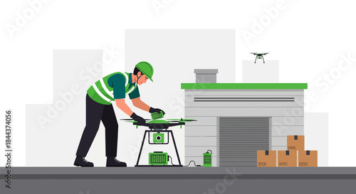 Technician Preparing Drone for Package Delivery, Illustrating Modern Logistics and Efficiency