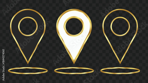 Three golden location pin icons with different fill styles, featuring a black, white, and outline version, each with a golden base halo on a transparent background.