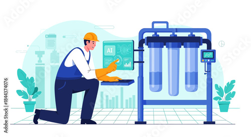 Technician using Artificial Intelligence for water purification system maintenance and monitoring