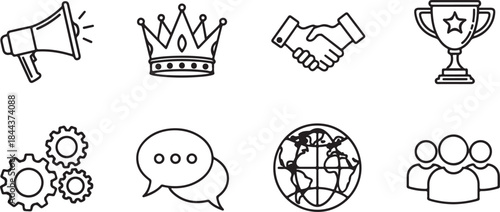 Set of eight business and communication outline icons on white background megaphone bullhorn