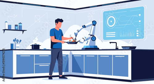 The future is here robotic cooking assistant helping a person prepare food at home kitchen