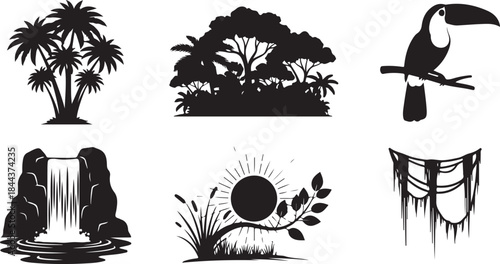 Tropical Nature Silhouettes With Toucan And Waterfall jungle forest