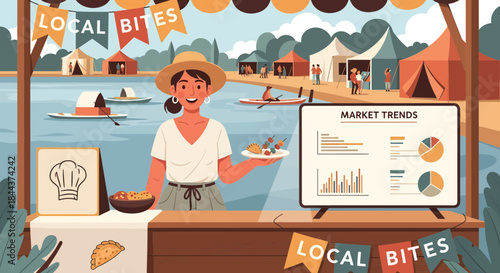 Woman Selling Food at Outdoor Market Stall.