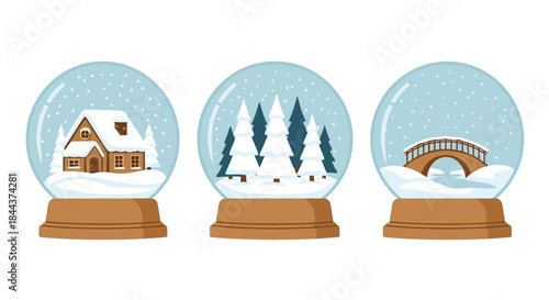 Three festive snow globes depicting winter scenes a cozy cabin, a snowy forest, and a charming bridge