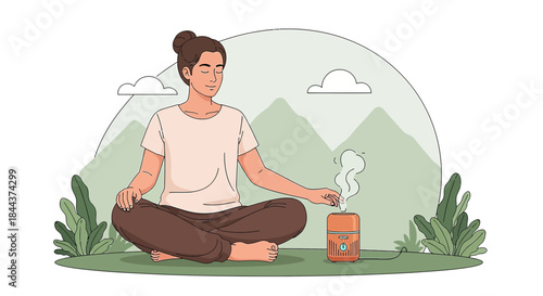 Tranquil meditation scene with aroma diffuser in natural setting promotes wellness serenity