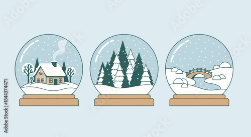 Winter wonderland scenes inside snow globes, depicting cozy houses and snowy forests