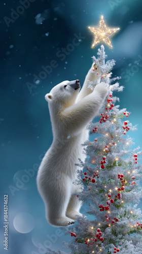 Polar bear placing glowing star on a snowy Christmas tree