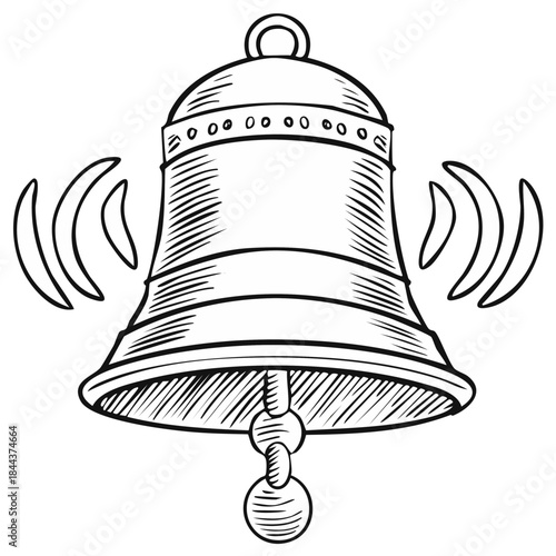 Vintage Hand Drawn Bell Clanging Loudly with Sound Waves Illustration