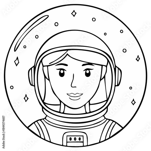 Cute cartoon woman astronaut in space helmet line art for coloring book