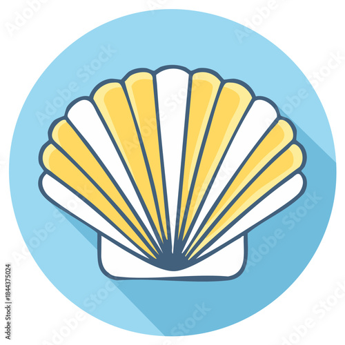 Vector scallop seashell icon with long shadow. Flat design graphic of a sea shell for summer and beach concepts