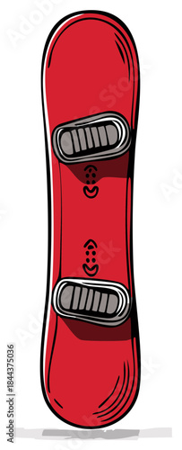 Bright red snowboard with grey bindings and simple graphic details isolated on white