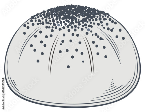 Stylized illustration of a round bread bun with dark seeds on top and light gray color