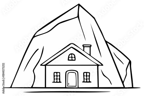 Simple drawing of a house nestled at the base of a large mountain peak