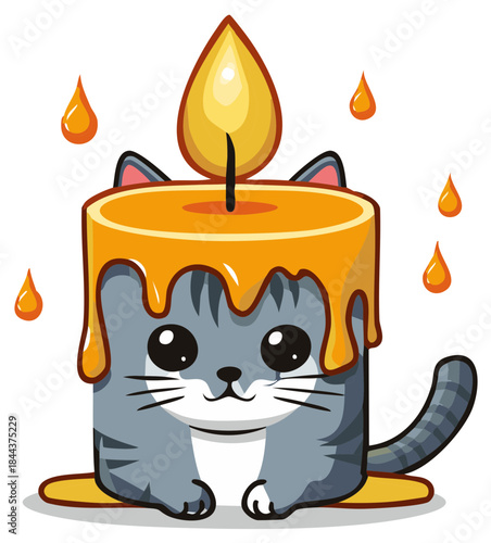 Adorable square cat character as a burning candle with bright flame and melting golden wax drips