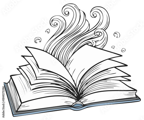 Sketch of Open Book with Flowing Lines Suggesting Ideas, Imagination, or Storytelling Concept in Monochrome