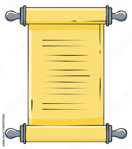 Cartoon style scroll with text lines, ancient manuscript paper document design vector illustration