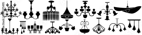 Collection of chandelier silhouettes isolated on white background for interior decoration, lighting and elegant design