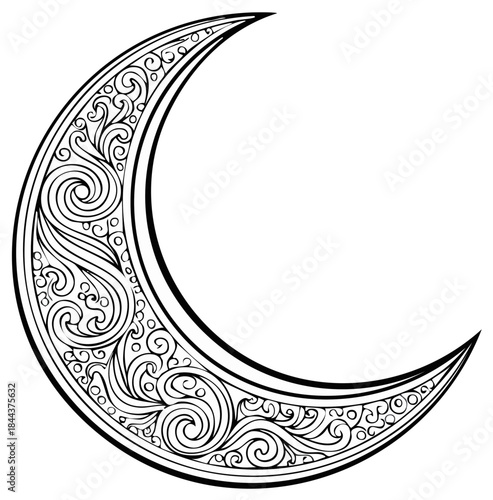 Ornate Crescent Moon Illustration with Swirls and Spirals in Black and White Detailed Cosmic Design