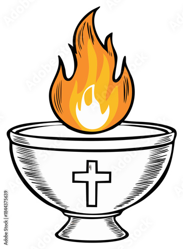 Christian Communion Cup with Burning Flame Spiritual Religious Illustration