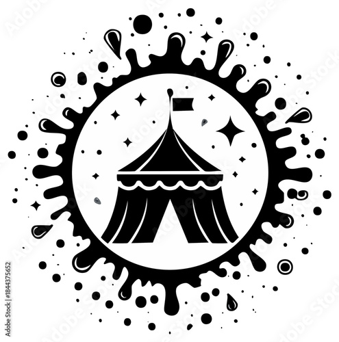 Circus Tent Vector Graphic in Ink Splash Style with Stars and Bubbles