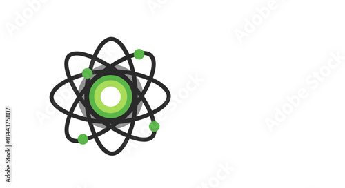 A modern graphic illustration of a stylized atom with green orbiting electrons and a central nucleus, representing scientific innovation, technology.
