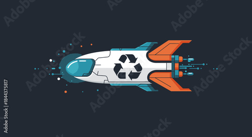 A sleek, futuristic rocket, prominently featuring a recycling symbol, rapidly moves across a dark background, symbolizing sustainable innovation and green technology.