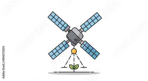 An advanced satellite with large solar panels monitors a small green plant sprout below, illustrating modern smart farming and agricultural technology.