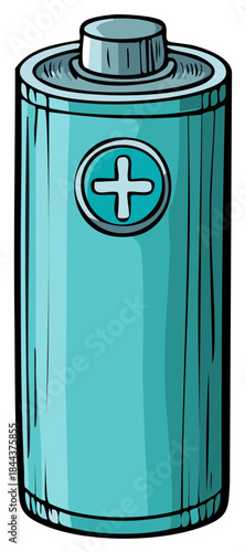 Cartoon illustration of a single teal blue battery with positive symbol for power and energy