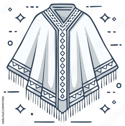Stylized Illustration of a Traditional Poncho with Geometric Patterns and Fringes Fashion