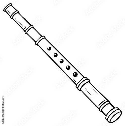Simple flute woodwind musical instrument in a black and white cartoon line art style