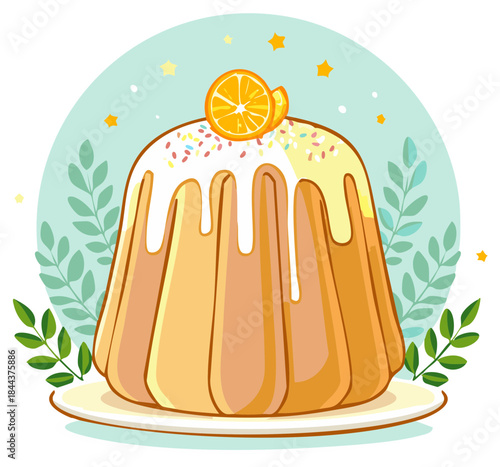 Cute cartoon holiday cake with white icing, sprinkles, and an orange slice garnish