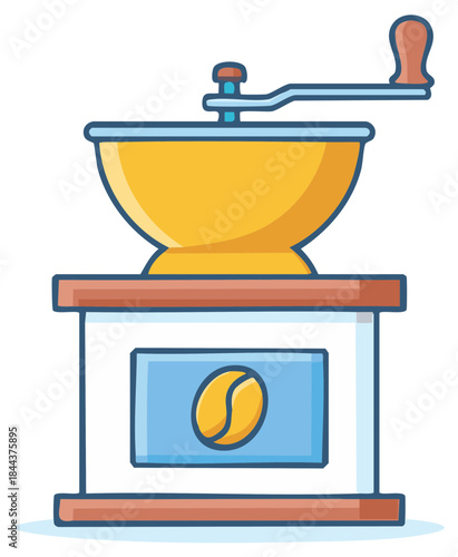 Illustration of a hand-crank coffee grinder with a coffee bean symbol