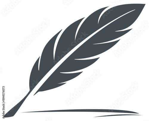 Stylized drawing of a feather quill pen illustration with shadow for logo and design element.