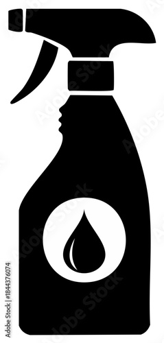 Black spray bottle with a liquid drop symbol inside a white circle.