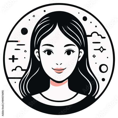Minimalist cosmic portrait illustration of a smiling young woman in a circle
